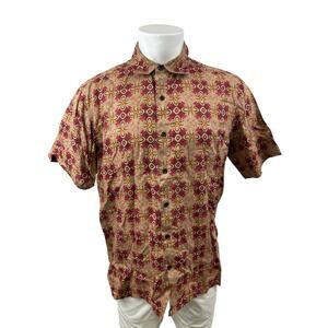 Axist 100% Linen Men's Multicolor Geometric Short Sleeve Button Down Shirt Top M